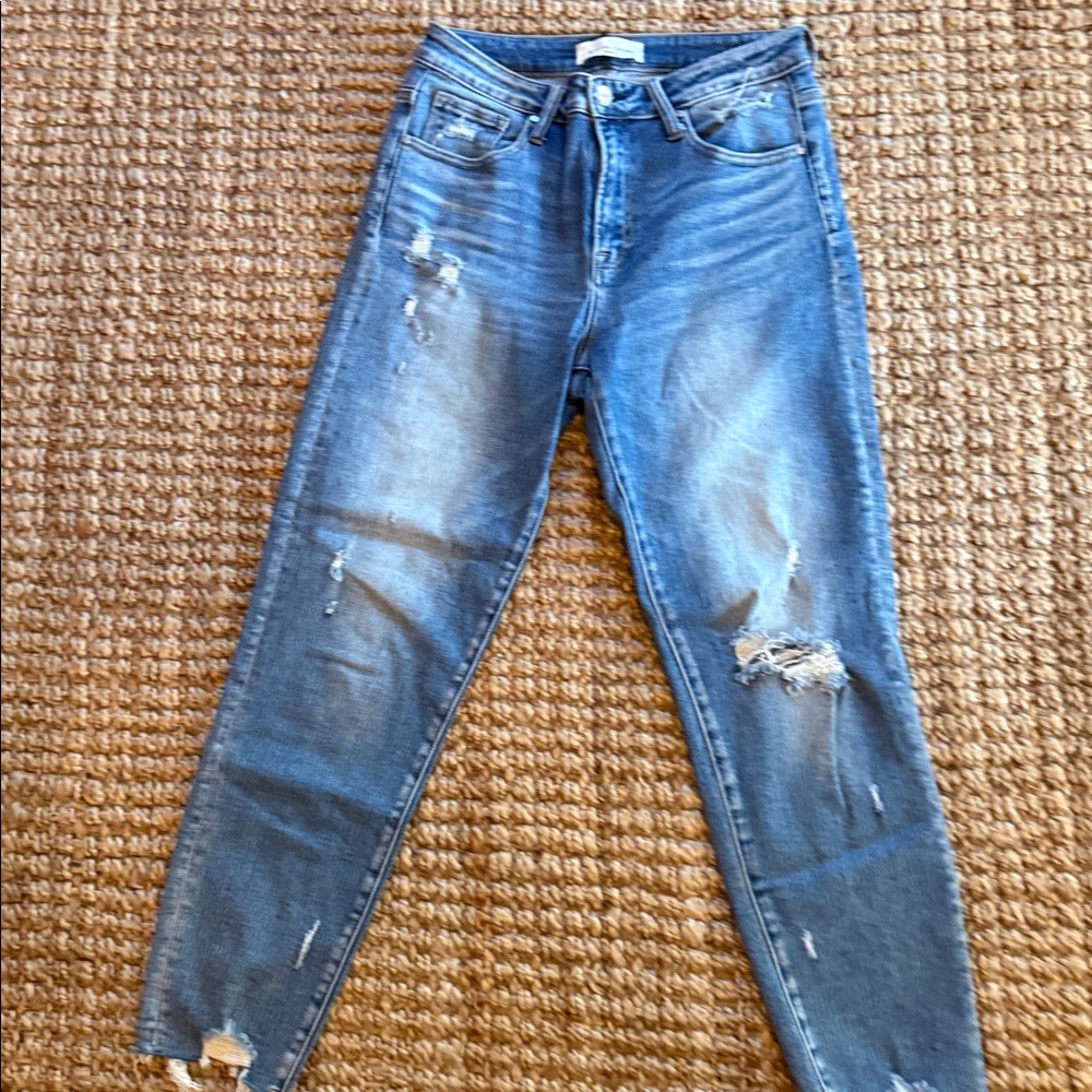 Risen Jeans Womens High Rise Distressed Skinny Jeans Medium Wash Raw Hem 7/28
